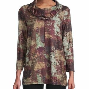 Ali Miles Women’s  Abstract Art to Wear Knit Top Cowl Neck Sweater L Button back